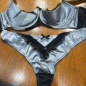 Cacique Black and Silver Lace 46C 22/24 Bra Set Gray Satiny Plus Size